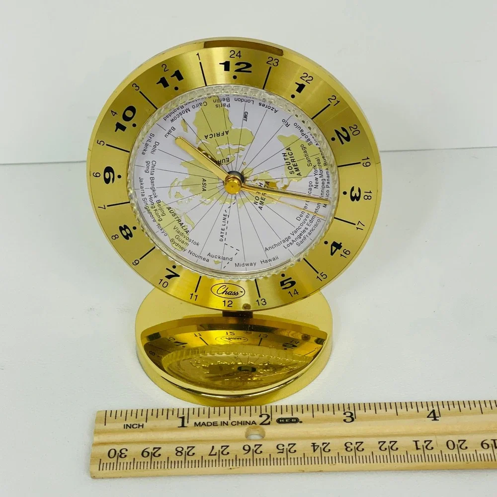Chass World Time Desk Clock Gold Tone Professional Travel Executive For Parts